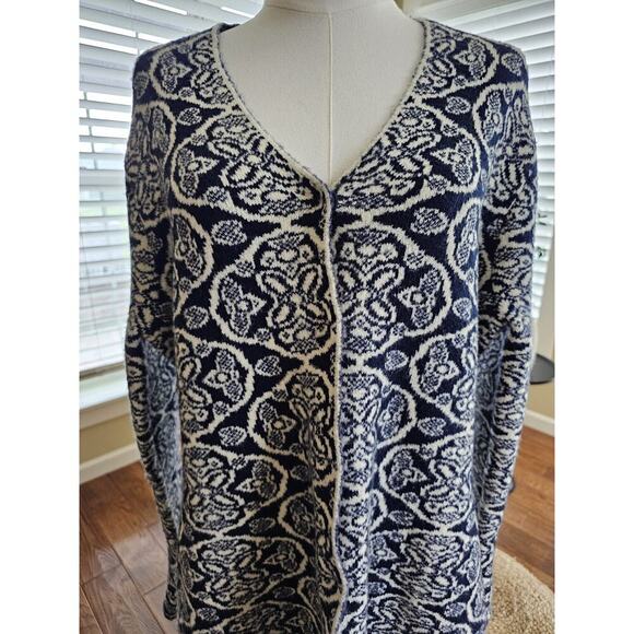 J Mclaughlin Soft Knit Cardigan Duster Women's Size L Navy Damask Cozy - Picture 12 of 14